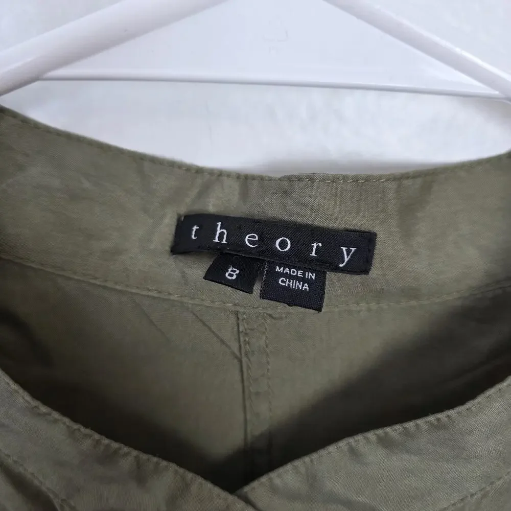 Theory Olive Green Silk Long Sleeve Mettie Elastic Waist Mini Dress Size 8‎